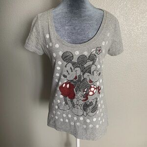 Disney Women's Small Mickey & Minnie Polka Dot Grey Short Sleeve T-Shirt